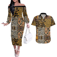 African Tribal Pattern With Wild Animal Skins Couples Matching Off The Shoulder Long Sleeve Dress and Hawaiian Shirt
