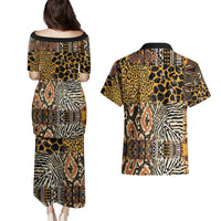 African Tribal Pattern With Wild Animal Skins Couples Matching Puletasi and Hawaiian Shirt