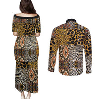 African Tribal Pattern With Wild Animal Skins Couples Matching Puletasi and Long Sleeve Button Shirt