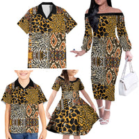 African Tribal Pattern With Wild Animal Skins Family Matching Off The Shoulder Long Sleeve Dress and Hawaiian Shirt