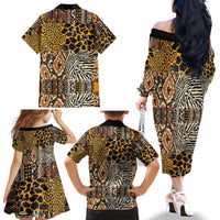African Tribal Pattern With Wild Animal Skins Family Matching Off The Shoulder Long Sleeve Dress and Hawaiian Shirt