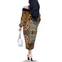 African Tribal Pattern With Wild Animal Skins Family Matching Off The Shoulder Long Sleeve Dress and Hawaiian Shirt