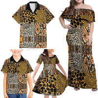 African Tribal Pattern With Wild Animal Skins Family Matching Off Shoulder Maxi Dress and Hawaiian Shirt