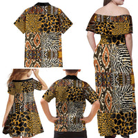 African Tribal Pattern With Wild Animal Skins Family Matching Off Shoulder Maxi Dress and Hawaiian Shirt