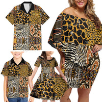 African Tribal Pattern With Wild Animal Skins Family Matching Off Shoulder Short Dress and Hawaiian Shirt