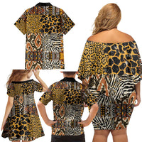 African Tribal Pattern With Wild Animal Skins Family Matching Off Shoulder Short Dress and Hawaiian Shirt