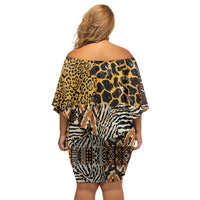 African Tribal Pattern With Wild Animal Skins Family Matching Off Shoulder Short Dress and Hawaiian Shirt