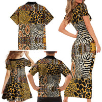African Tribal Pattern With Wild Animal Skins Family Matching Short Sleeve Bodycon Dress and Hawaiian Shirt