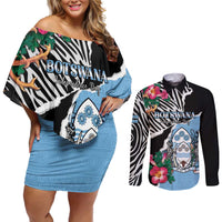 Personalized Botswana Independence Day Couples Matching Off Shoulder Short Dress and Long Sleeve Button Shirt Coat Of Arms Devils Claw - Wonder Print Shop