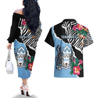 Personalized Botswana Independence Day Couples Matching Off The Shoulder Long Sleeve Dress and Hawaiian Shirt Coat Of Arms Devils Claw - Wonder Print Shop