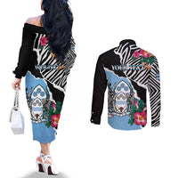 Personalized Botswana Independence Day Couples Matching Off The Shoulder Long Sleeve Dress and Long Sleeve Button Shirt Coat Of Arms Devils Claw - Wonder Print Shop