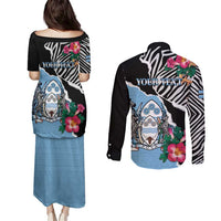 Personalized Botswana Independence Day Couples Matching Puletasi and Long Sleeve Button Shirt Coat Of Arms Devils Claw - Wonder Print Shop