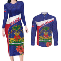 Haiti Couples Matching Long Sleeve Bodycon Dress and Long Sleeve Button Shirt Neg Marron Ayiti Map - Hibiscus Polynesian - Wonder Print Shop