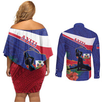 Haiti Couples Matching Off Shoulder Short Dress and Long Sleeve Button Shirt Neg Marron Ayiti Map - Hibiscus Polynesian - Wonder Print Shop