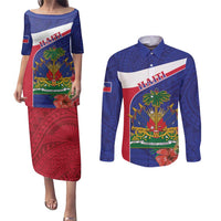 Haiti Couples Matching Puletasi and Long Sleeve Button Shirt Neg Marron Ayiti Map - Hibiscus Polynesian - Wonder Print Shop