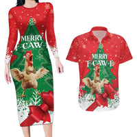 Funny Christmas Chicken Couples Matching Long Sleeve Bodycon Dress and Hawaiian Shirt Merry F Caw F - Wonder Print Shop