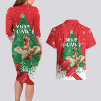 Funny Christmas Chicken Couples Matching Long Sleeve Bodycon Dress and Hawaiian Shirt Merry F Caw F - Wonder Print Shop