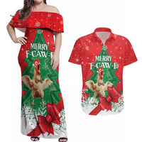 Funny Christmas Chicken Couples Matching Off Shoulder Maxi Dress and Hawaiian Shirt Merry F Caw F - Wonder Print Shop