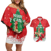 Funny Christmas Chicken Couples Matching Off Shoulder Short Dress and Hawaiian Shirt Merry F Caw F - Wonder Print Shop