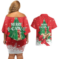 Funny Christmas Chicken Couples Matching Off Shoulder Short Dress and Hawaiian Shirt Merry F Caw F - Wonder Print Shop