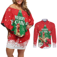 Funny Christmas Chicken Couples Matching Off Shoulder Short Dress and Long Sleeve Button Shirt Merry F Caw F - Wonder Print Shop