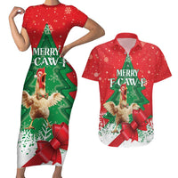 Funny Christmas Chicken Couples Matching Short Sleeve Bodycon Dress and Hawaiian Shirt Merry F Caw F - Wonder Print Shop