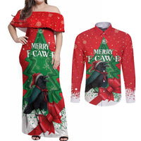 Funny Christmas Raven Couples Matching Off Shoulder Maxi Dress and Long Sleeve Button Shirt Merry F Caw F - Wonder Print Shop