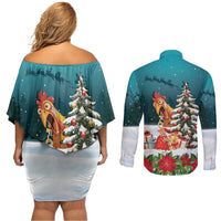 F Caw F Chicken Couples Matching Off Shoulder Short Dress and Long Sleeve Button Shirt Funny Christmas - Wonder Print Shop