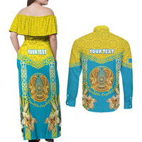 Personalised Kazakhstan Independence Day Couples Matching Off Shoulder Maxi Dress and Long Sleeve Button Shirt Lilium Peregrinum - Kazakh Pattern - Wonder Print Shop