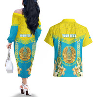 Personalised Kazakhstan Independence Day Couples Matching Off The Shoulder Long Sleeve Dress and Hawaiian Shirt Lilium Peregrinum - Kazakh Pattern - Wonder Print Shop