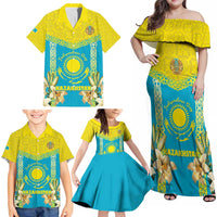 Personalised Kazakhstan Independence Day Family Matching Off Shoulder Maxi Dress and Hawaiian Shirt Lilium Peregrinum - Kazakh Pattern - Wonder Print Shop