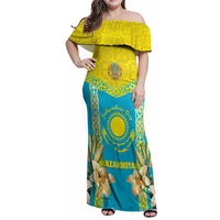 Personalised Kazakhstan Independence Day Family Matching Off Shoulder Maxi Dress and Hawaiian Shirt Lilium Peregrinum - Kazakh Pattern - Wonder Print Shop