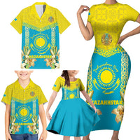 Personalised Kazakhstan Independence Day Family Matching Short Sleeve Bodycon Dress and Hawaiian Shirt Lilium Peregrinum - Kazakh Pattern - Wonder Print Shop