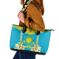 Personalised Kazakhstan Independence Day Leather Tote Bag Lilium Peregrinum - Kazakh Pattern - Wonder Print Shop
