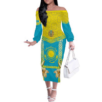 Personalised Kazakhstan Independence Day Off The Shoulder Long Sleeve Dress Lilium Peregrinum - Kazakh Pattern - Wonder Print Shop