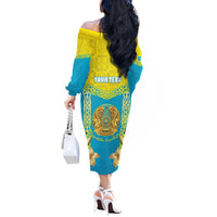 Personalised Kazakhstan Independence Day Off The Shoulder Long Sleeve Dress Lilium Peregrinum - Kazakh Pattern - Wonder Print Shop