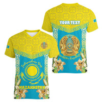 Personalised Kazakhstan Independence Day Women V-Neck T-Shirt Lilium Peregrinum - Kazakh Pattern - Wonder Print Shop