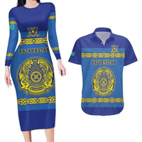 Custom Kazakhstan Hockey Couples Matching Long Sleeve Bodycon Dress and Hawaiian Shirt Go Kazakh - Wonder Print Shop