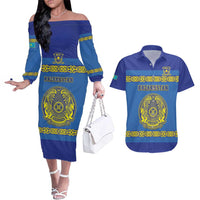 Custom Kazakhstan Hockey Couples Matching Off The Shoulder Long Sleeve Dress and Hawaiian Shirt Go Kazakh - Wonder Print Shop
