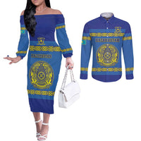 Custom Kazakhstan Hockey Couples Matching Off The Shoulder Long Sleeve Dress and Long Sleeve Button Shirt Go Kazakh