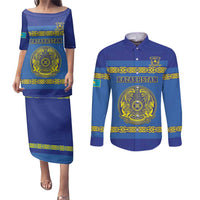 Custom Kazakhstan Hockey Couples Matching Puletasi and Long Sleeve Button Shirt Go Kazakh - Wonder Print Shop
