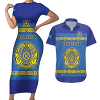 Custom Kazakhstan Hockey Couples Matching Short Sleeve Bodycon Dress and Hawaiian Shirt Go Kazakh - Wonder Print Shop