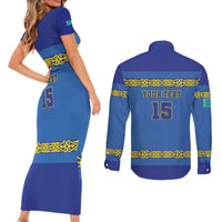Custom Kazakhstan Hockey Couples Matching Short Sleeve Bodycon Dress and Long Sleeve Button Shirt Go Kazakh - Wonder Print Shop