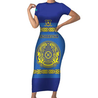 Custom Kazakhstan Hockey Family Matching Short Sleeve Bodycon Dress and Hawaiian Shirt Go Kazakh - Wonder Print Shop