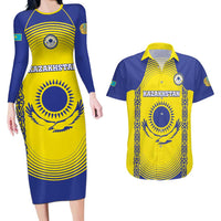 Custom Kazakhstan Football Couples Matching Long Sleeve Bodycon Dress and Hawaiian Shirt Go The Hawks - Wonder Print Shop