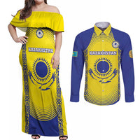 Custom Kazakhstan Football Couples Matching Off Shoulder Maxi Dress and Long Sleeve Button Shirt Go The Hawks - Wonder Print Shop