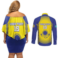 Custom Kazakhstan Football Couples Matching Off Shoulder Short Dress and Long Sleeve Button Shirt Go The Hawks - Wonder Print Shop