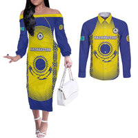 Custom Kazakhstan Football Couples Matching Off The Shoulder Long Sleeve Dress and Long Sleeve Button Shirt Go The Hawks