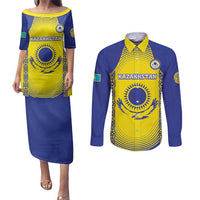 Custom Kazakhstan Football Couples Matching Puletasi and Long Sleeve Button Shirt Go The Hawks - Wonder Print Shop