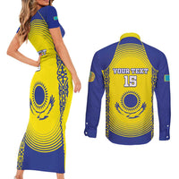 Custom Kazakhstan Football Couples Matching Short Sleeve Bodycon Dress and Long Sleeve Button Shirt Go The Hawks - Wonder Print Shop